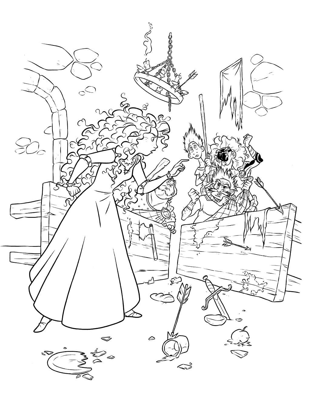 A Mérida e os seus pretendentes dos 4 cantos do reino (Página de Brave – Indomável para colorir para crianças) A Mérida e os seus pretendentes dos 4 cantos do reino (Página de Brave – Indomável para colorir e imprimir para crianças)