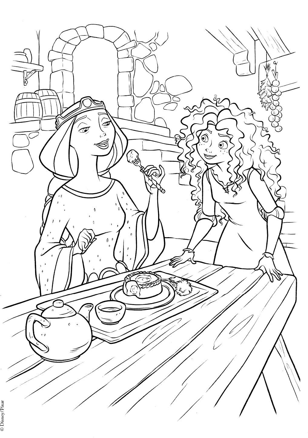 Página de Brave – Indomável para colorir para crianças : Uma boa refeição para Mérida e a sua mãe Página de Brave – Indomável para colorir e imprimir para crianças : Uma boa refeição para Mérida e a sua mãe