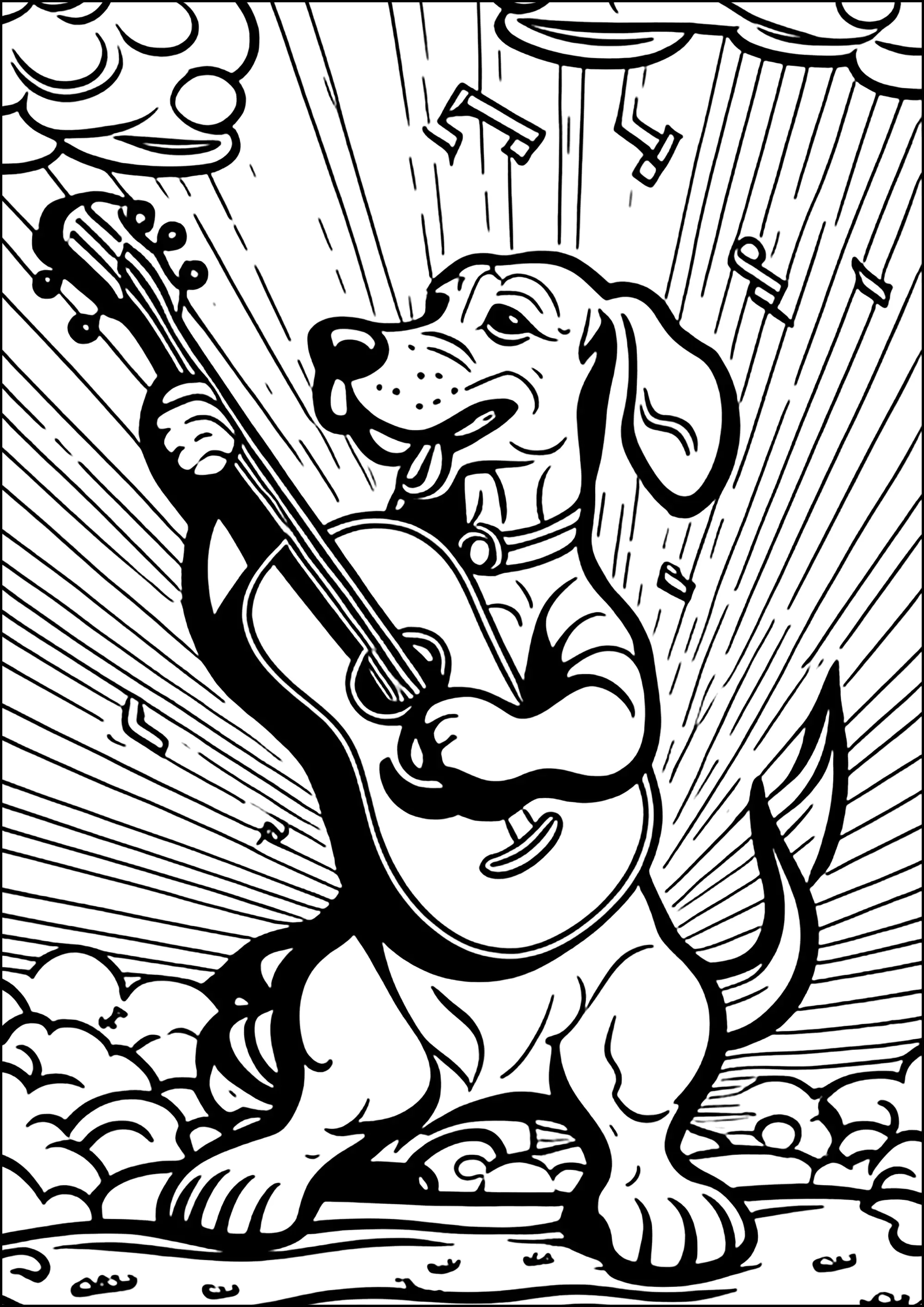 Cão a tocar guitarra (Página de Cães para colorir e imprimir para crianças)