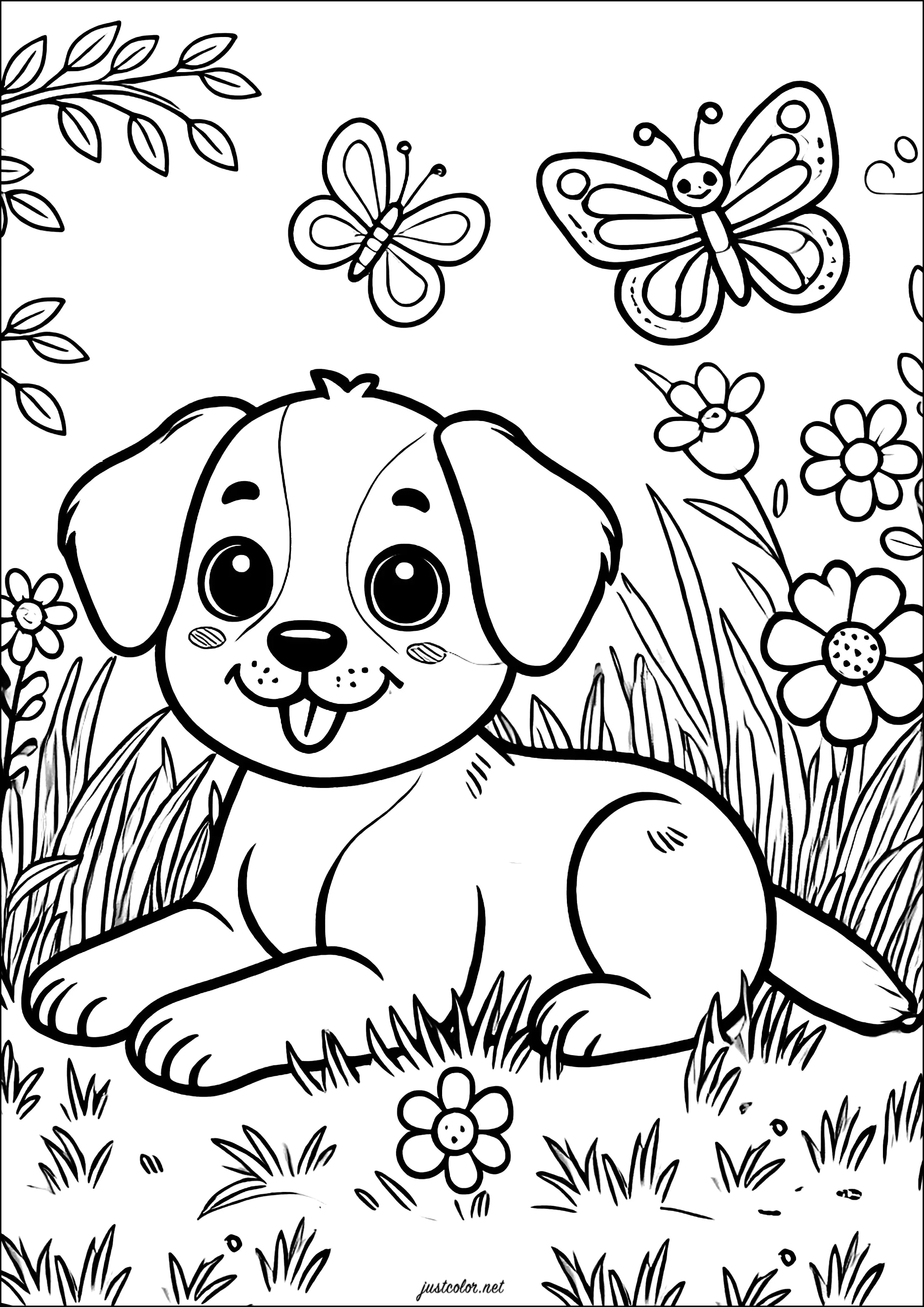 Cachorrinho com duas borboletas (Página de Cães para colorir e imprimir para crianças)