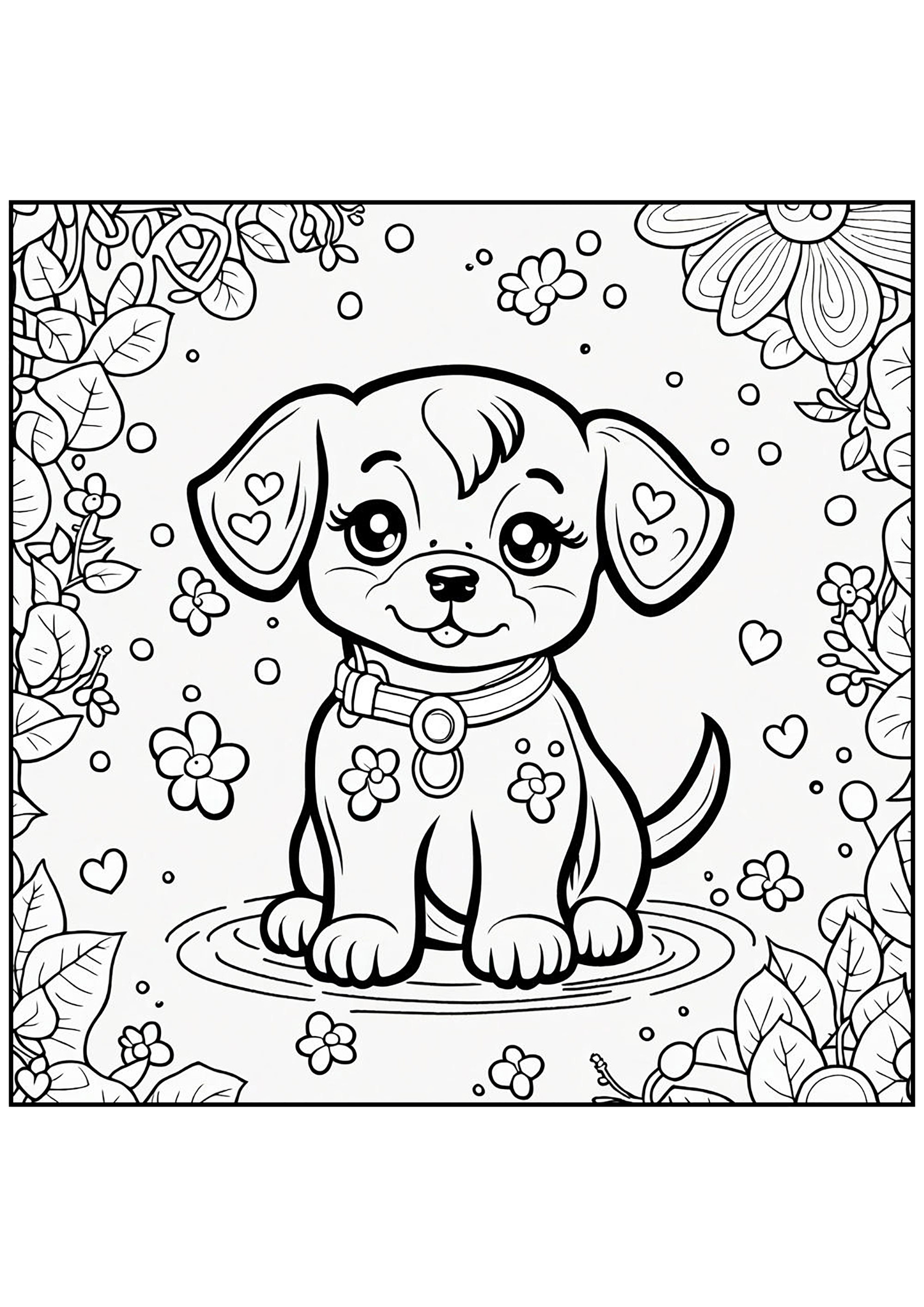 Página de Cães para colorir para crianças : Jovem cadela num cenário florido Página de Cães para colorir e imprimir para crianças : Jovem cadela num cenário florido