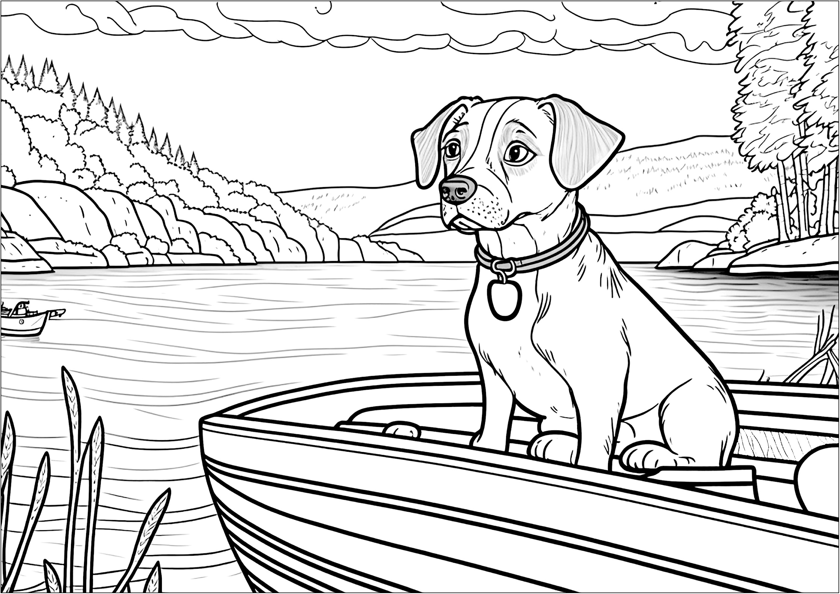 Cão num barco. Esta coloração mostra um cão num barco, navegando num lago.A paisagem de fundo é bela: montanhas, florestas ...