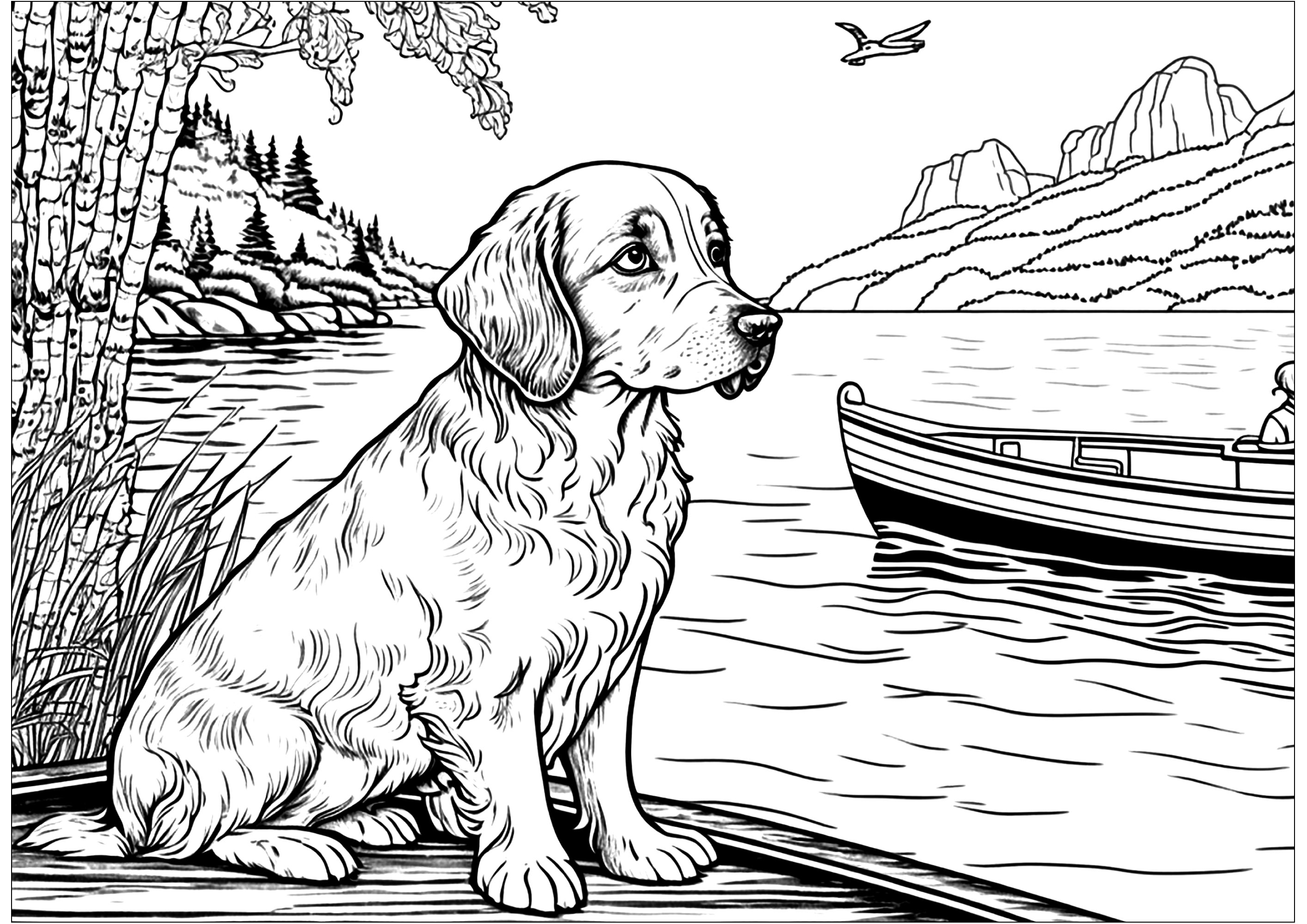 Cão na margem, a olhar para um barco. Um cão muito calmo na margem de um lago, a ver um barco passar.Bela paisagem de fundo: montanhas, florestas ...