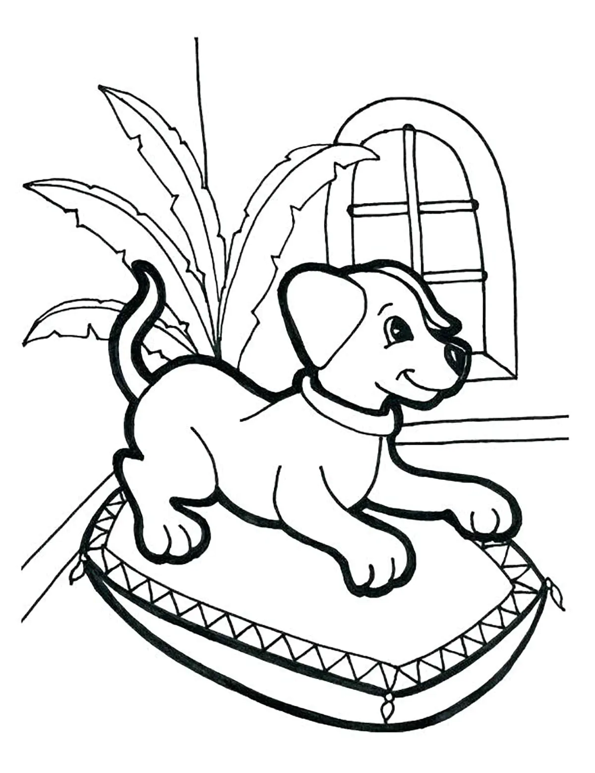 Cão num cesto (Página de Cães para colorir e imprimir para crianças)