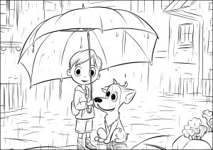 Criança e cão à chuva, com um grande guarda chuva
