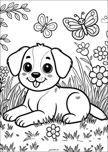 Página de Cães para colorir e imprimir para crianças : Cachorrinho com duas borboletas