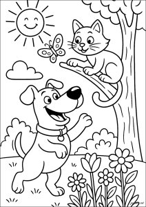 Amizade entre um cão alegre e um gato em um galho (Página de Cães para colorir para crianças)