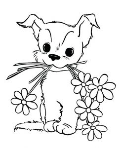 Página de Cachorro para colorir e imprimir para crianças : Cão e flores