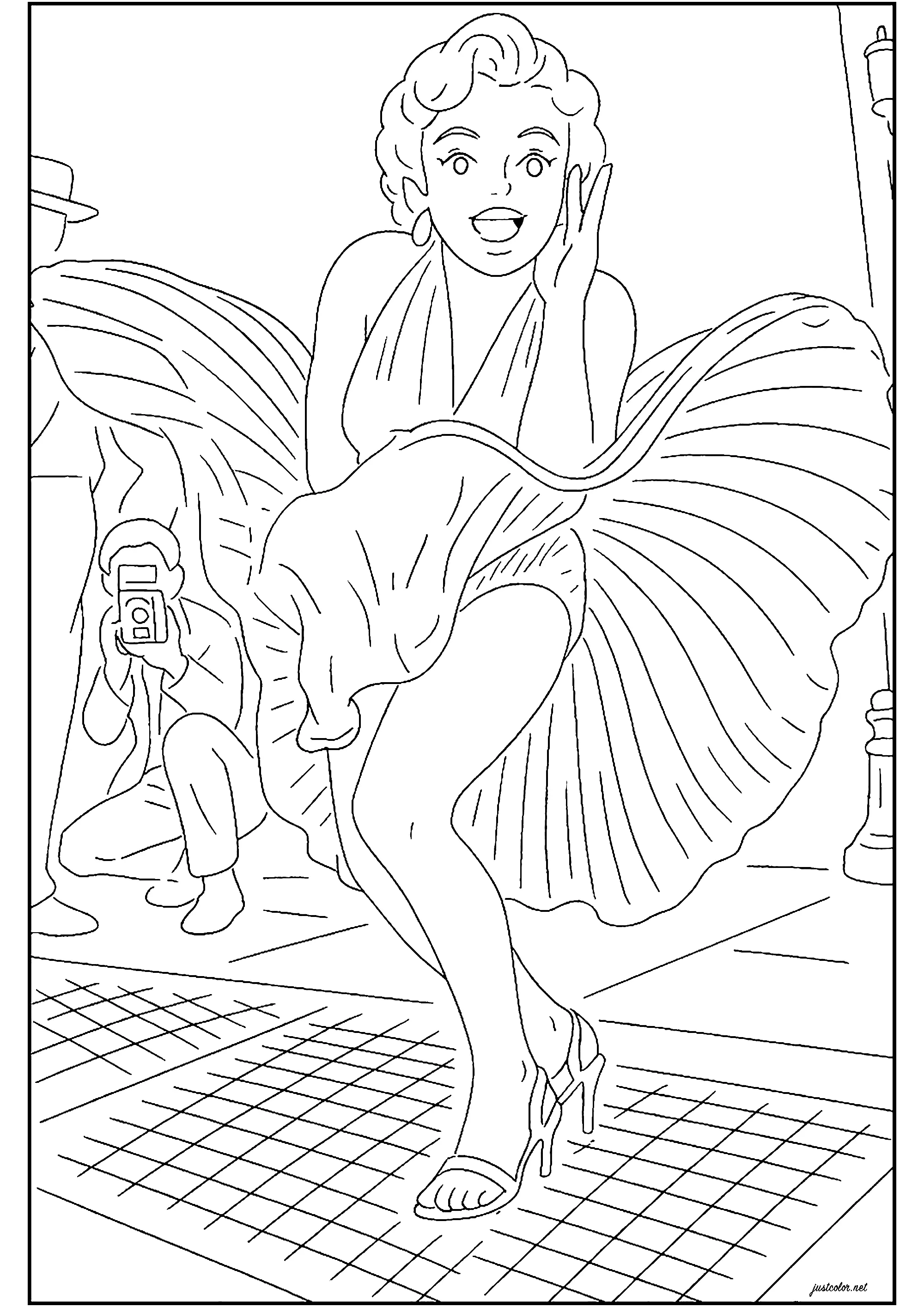 Página para colorir de Marilyn Monroe ao estilo do Studio Ghibli (Cantores famosos)