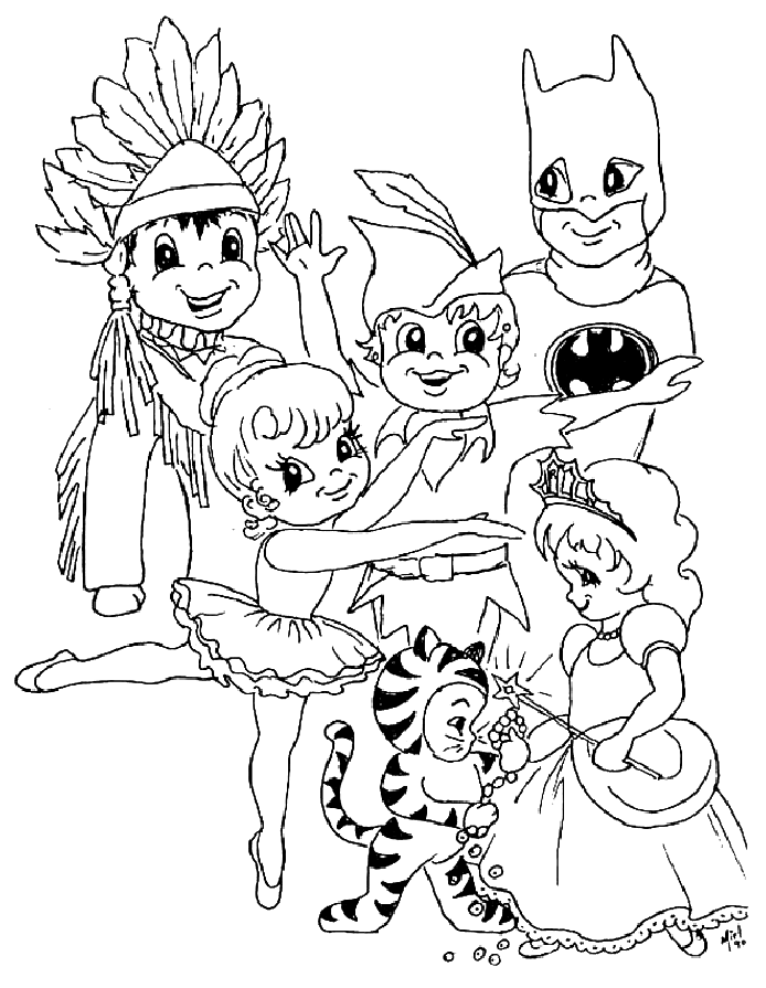 Várias crianças vestidas com trajes diferentes: princesa, batman, índio, tigre...
