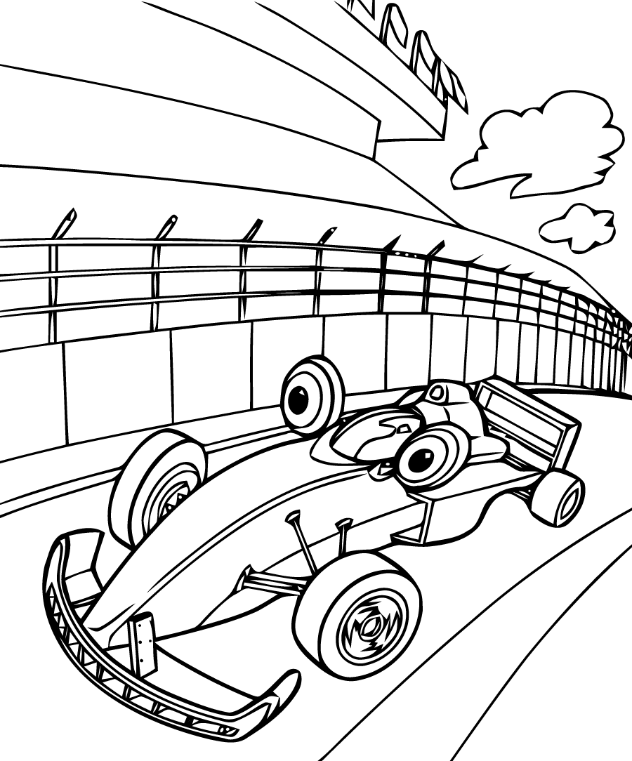 Ampliando a divertida página para colorir de carros de corrida de desenhos  animados com linhas em negrito e detalhes mínimos