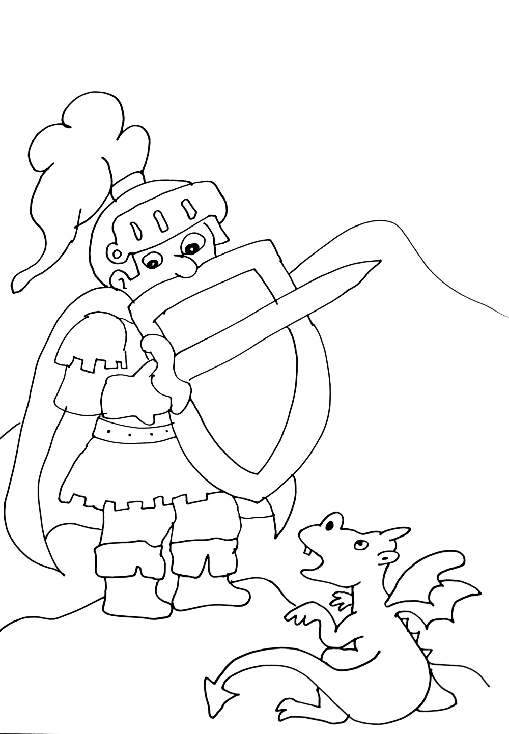 Cavaleiro medroso em frente a um dragãozinho para colorir