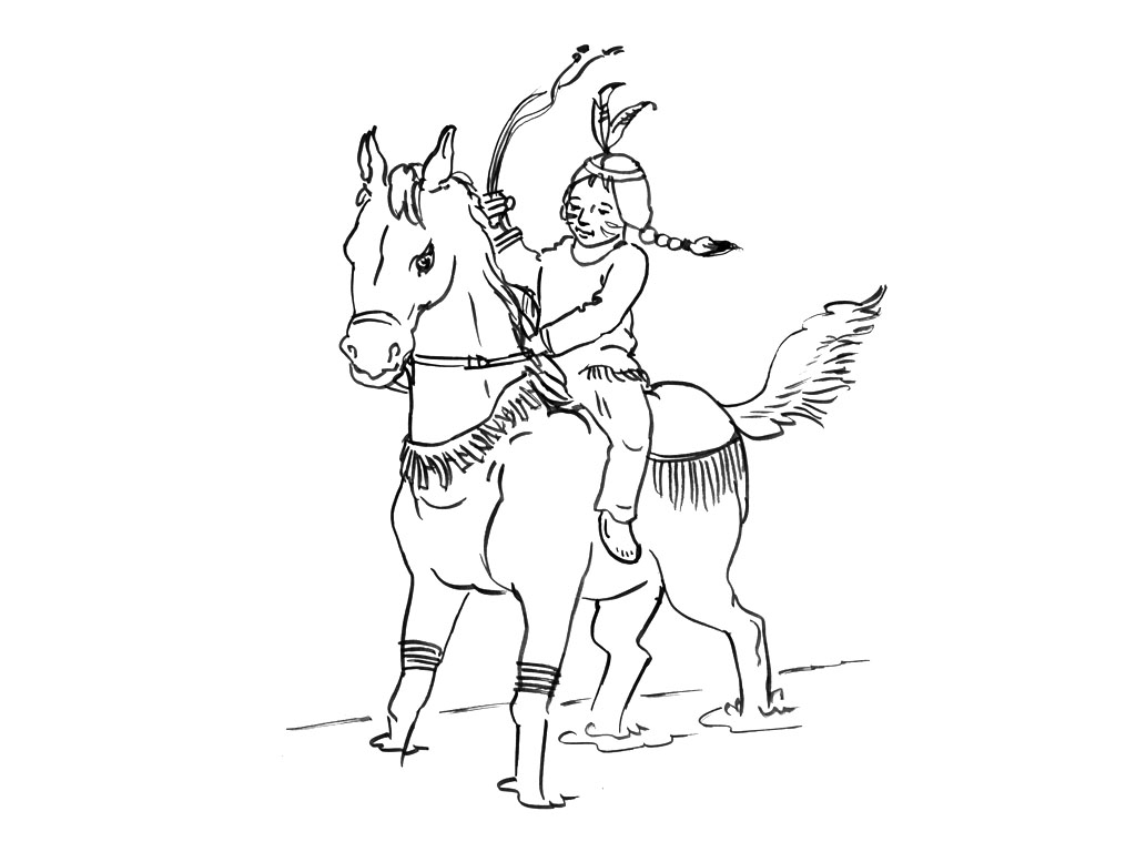 Desenho de cavalo e criança indiana para imprimir e colorir