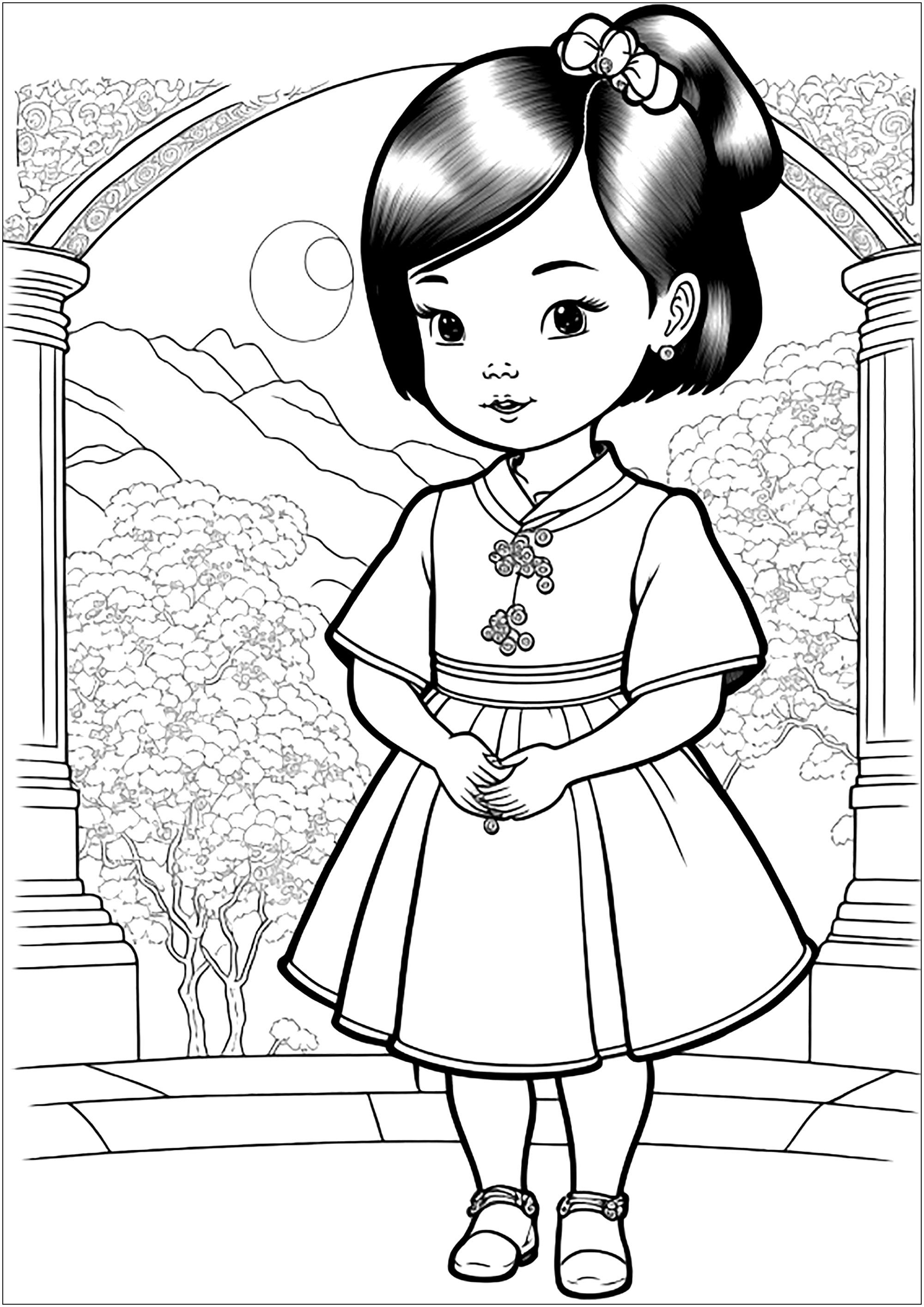 Menina chinesa para colorir. Colorir também o belo templo e a paisagem de fundo