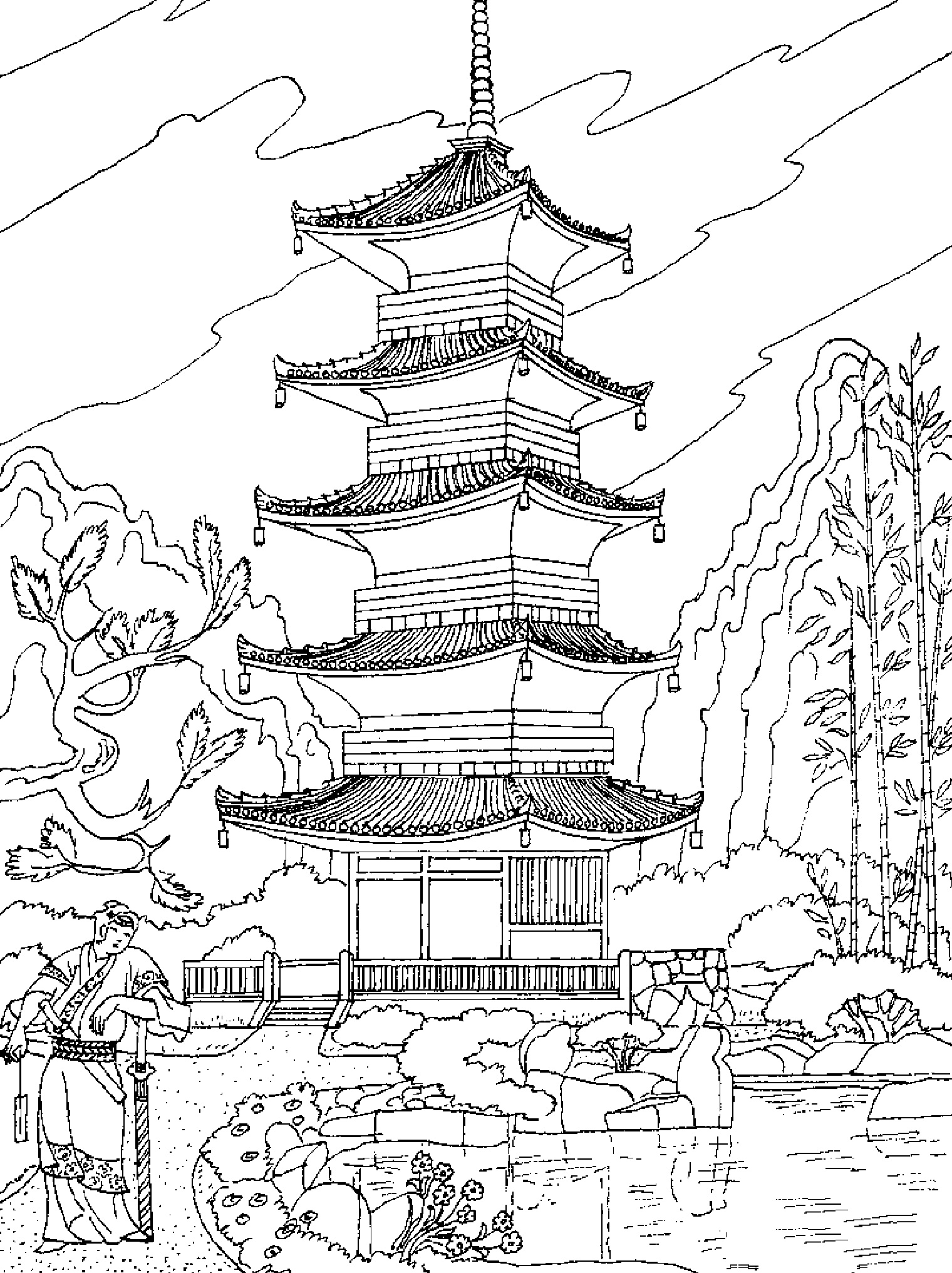 Bonito templo chinês para colorir