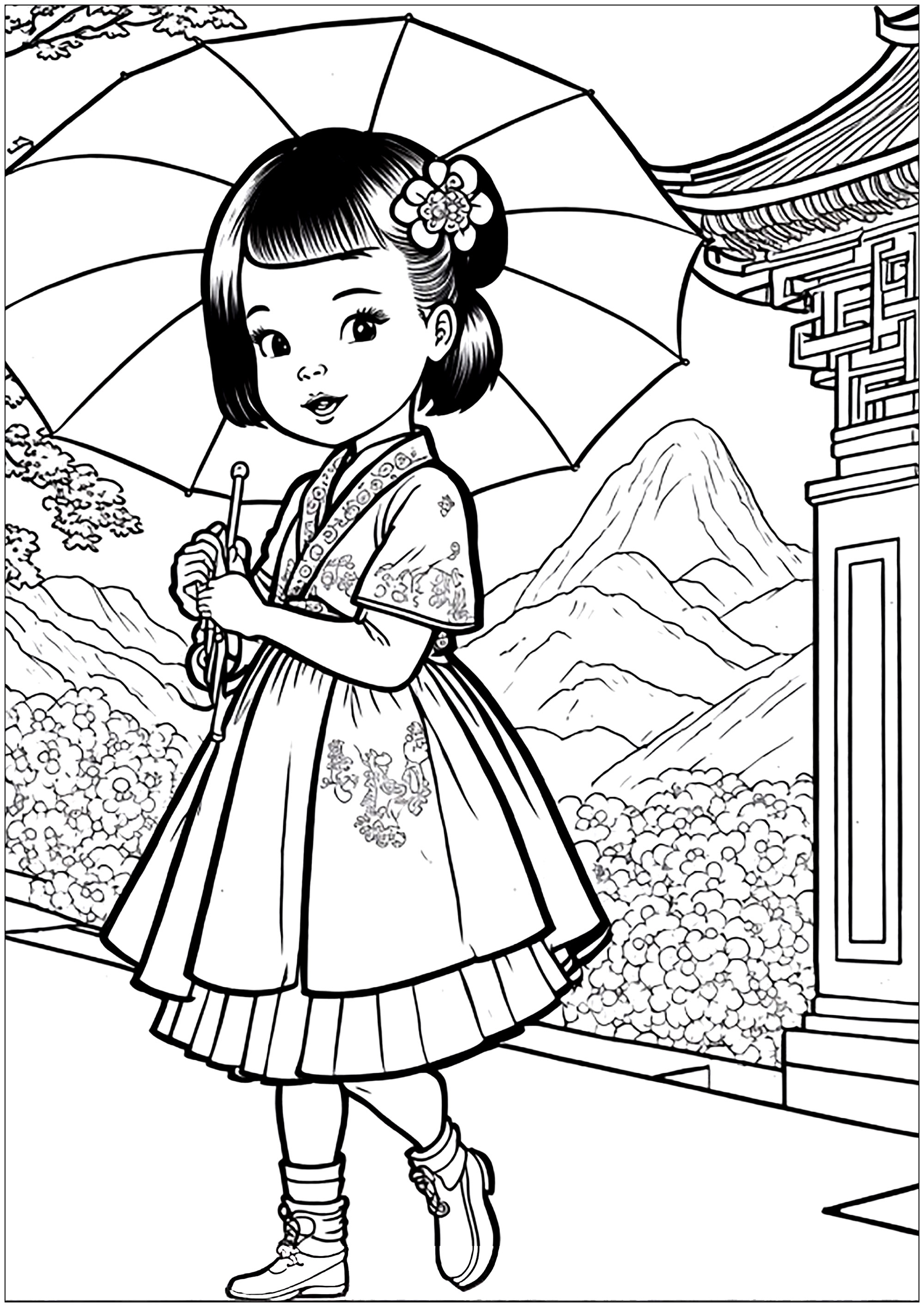 Menina chinesa e o seu guarda-sol para colorir. Também a cor no belo templo e a bela paisagem de fundo