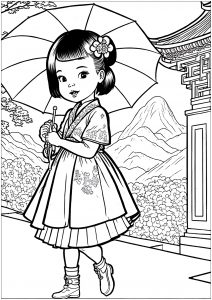 Página de China para colorir e imprimir para crianças : Pequena chinesa com um guarda-chuva