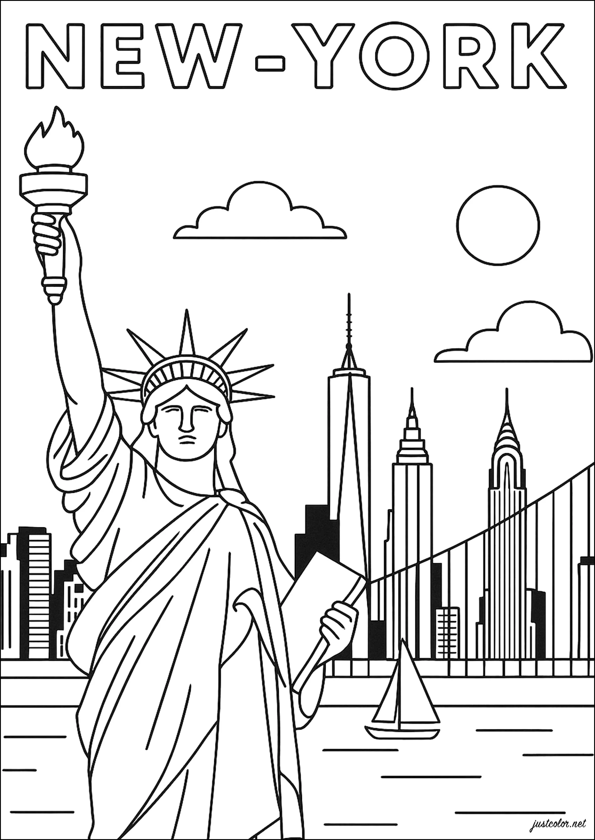 Nova Iorque e a Estátua da Liberdade - Páginas de Cities para colorir para  crianças, image size:2006x2834
