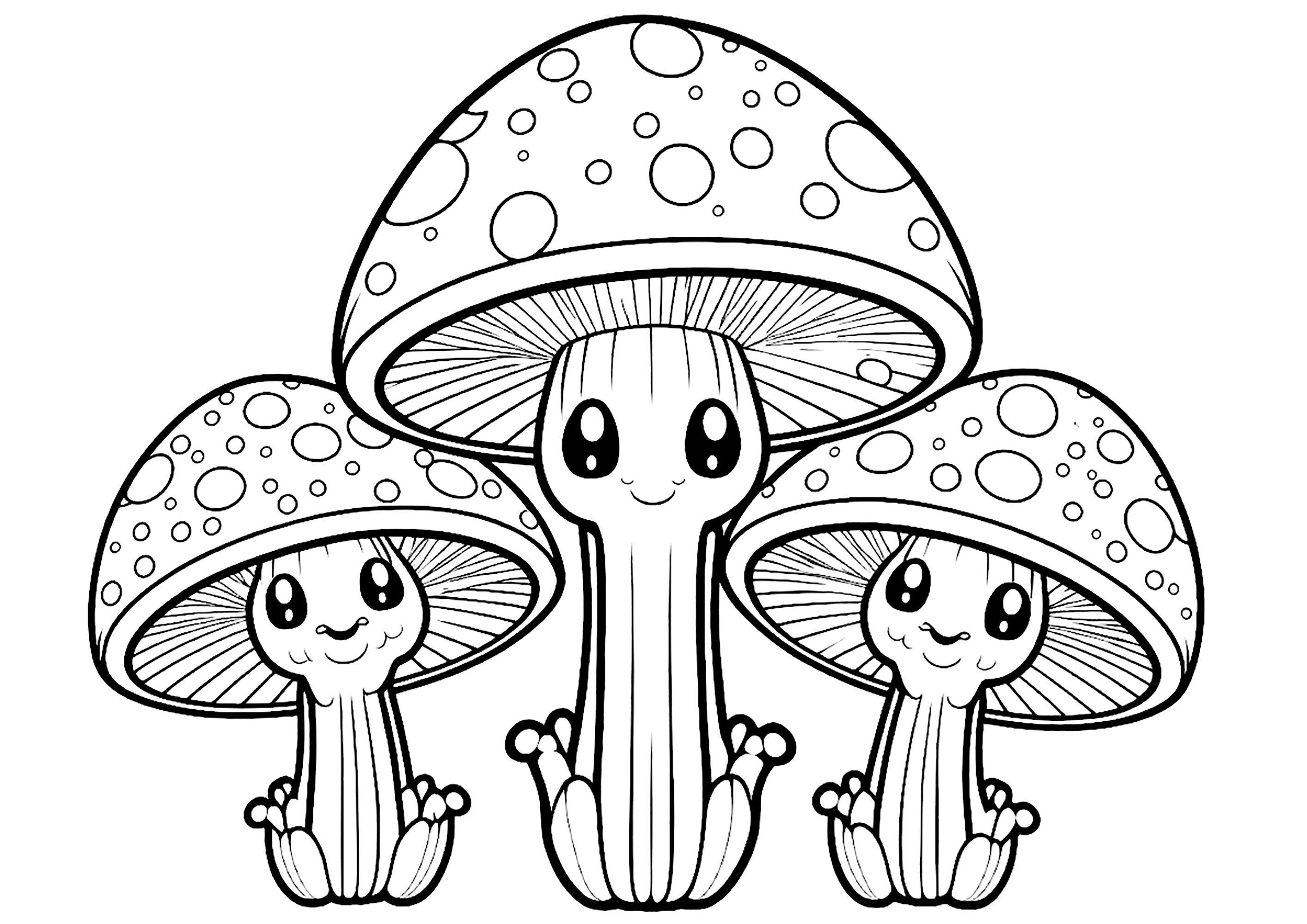 Três Cogumelos engraçados com olhos grandes