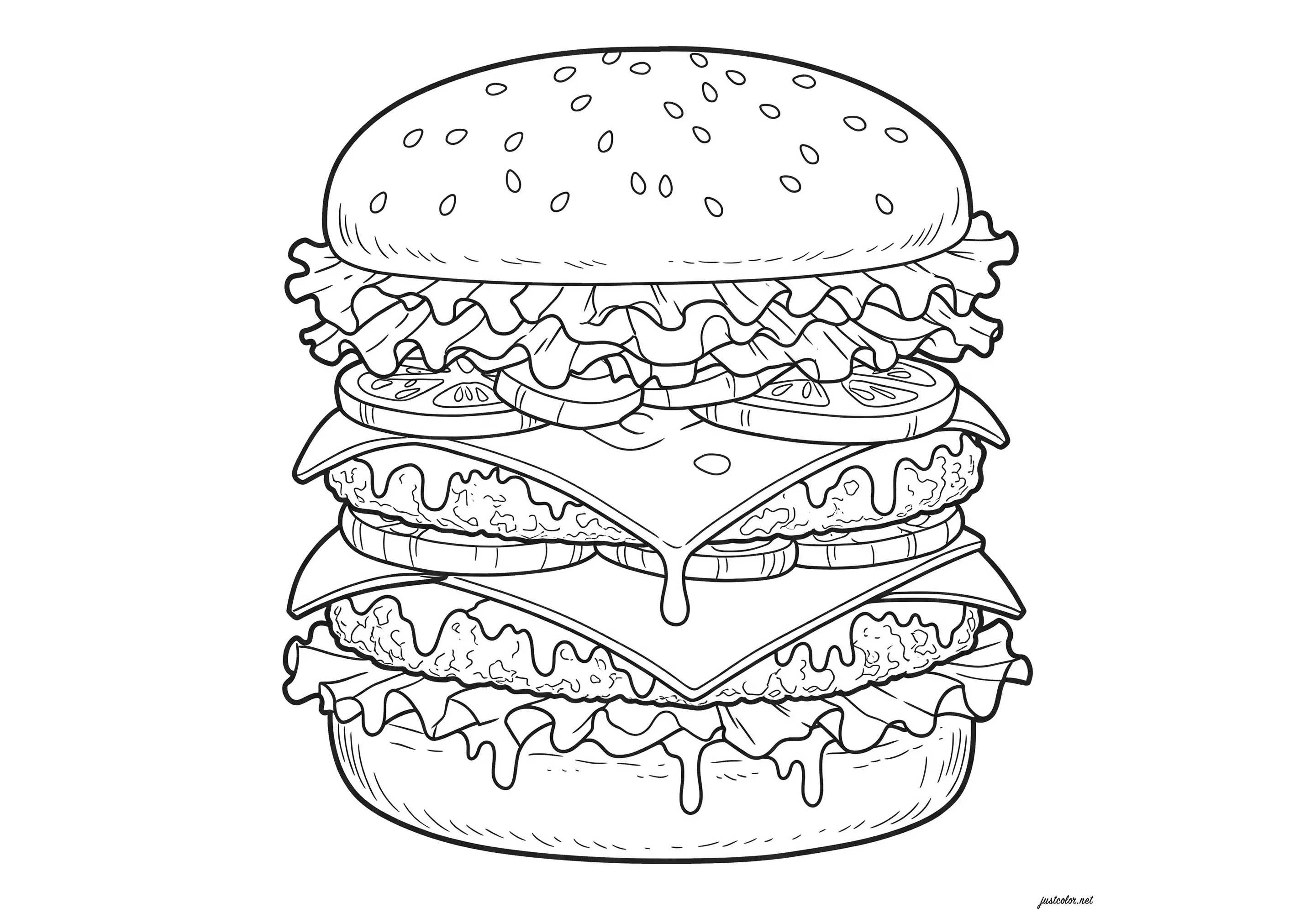 Um cheeseburger enorme! (Página de Comida para colorir e imprimir para crianças)