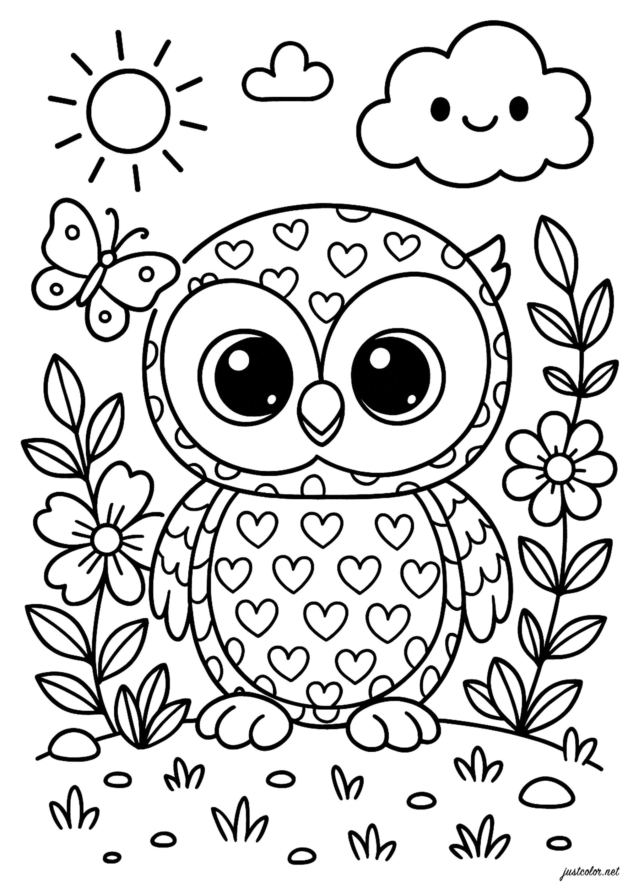 Coruja feliz no jardim de flores (Página para colorir e imprimir para crianças)