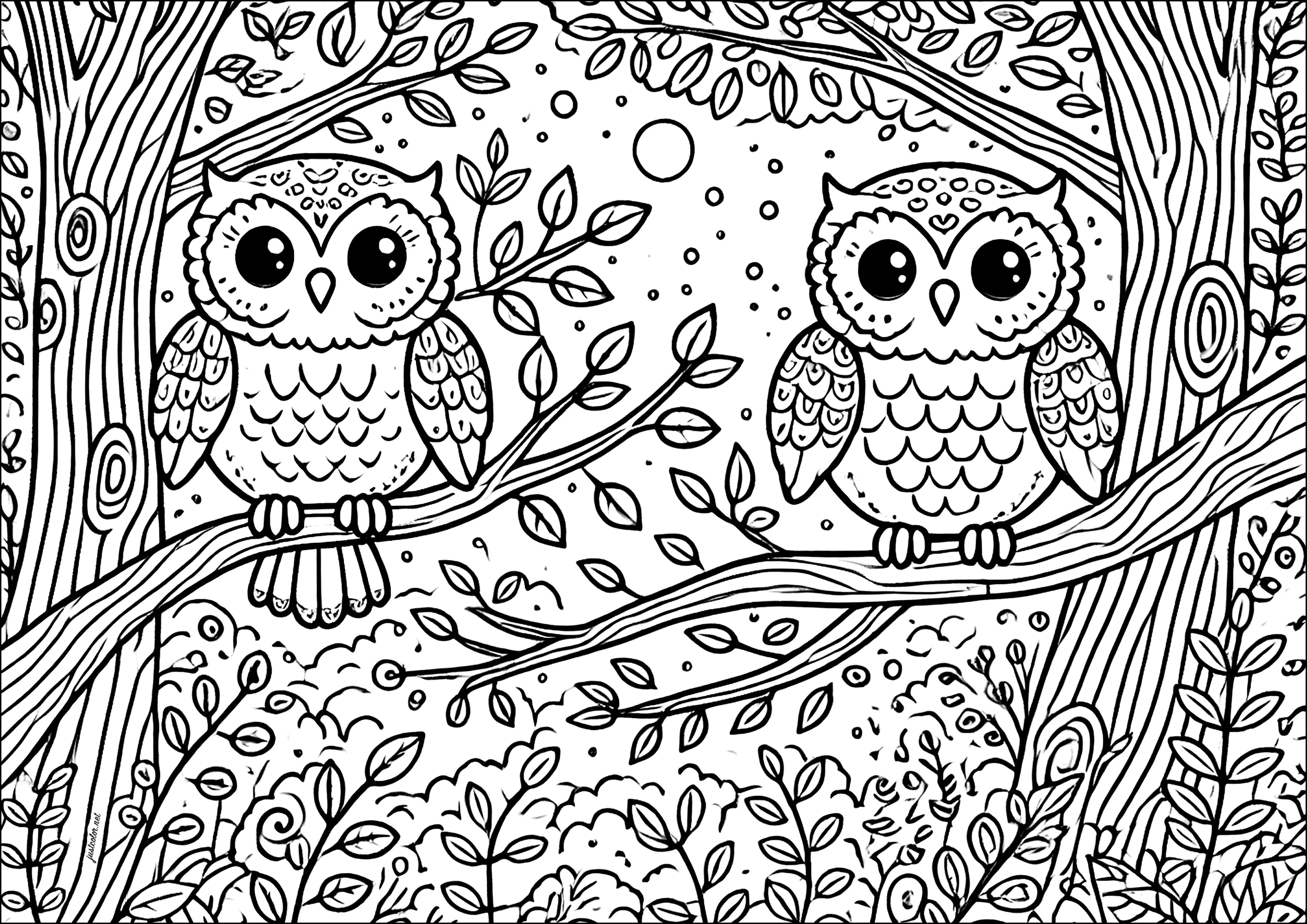Duo da Coruja na floresta nocturna (Página para colorir e imprimir para crianças)
