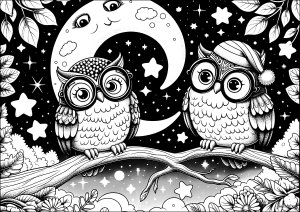 Lindas corujas sob uma lua brilhante (Página para colorir para crianças)