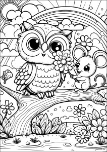 A coruja e o rato na floresta (Página para colorir para crianças)