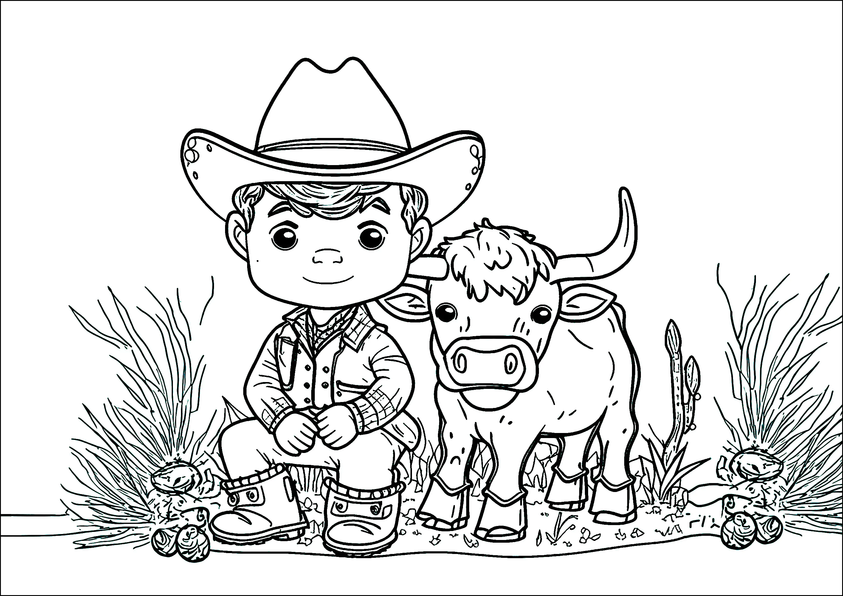 O pequeno Cowboy e a sua linda vaca (Página para colorir e imprimir para crianças)