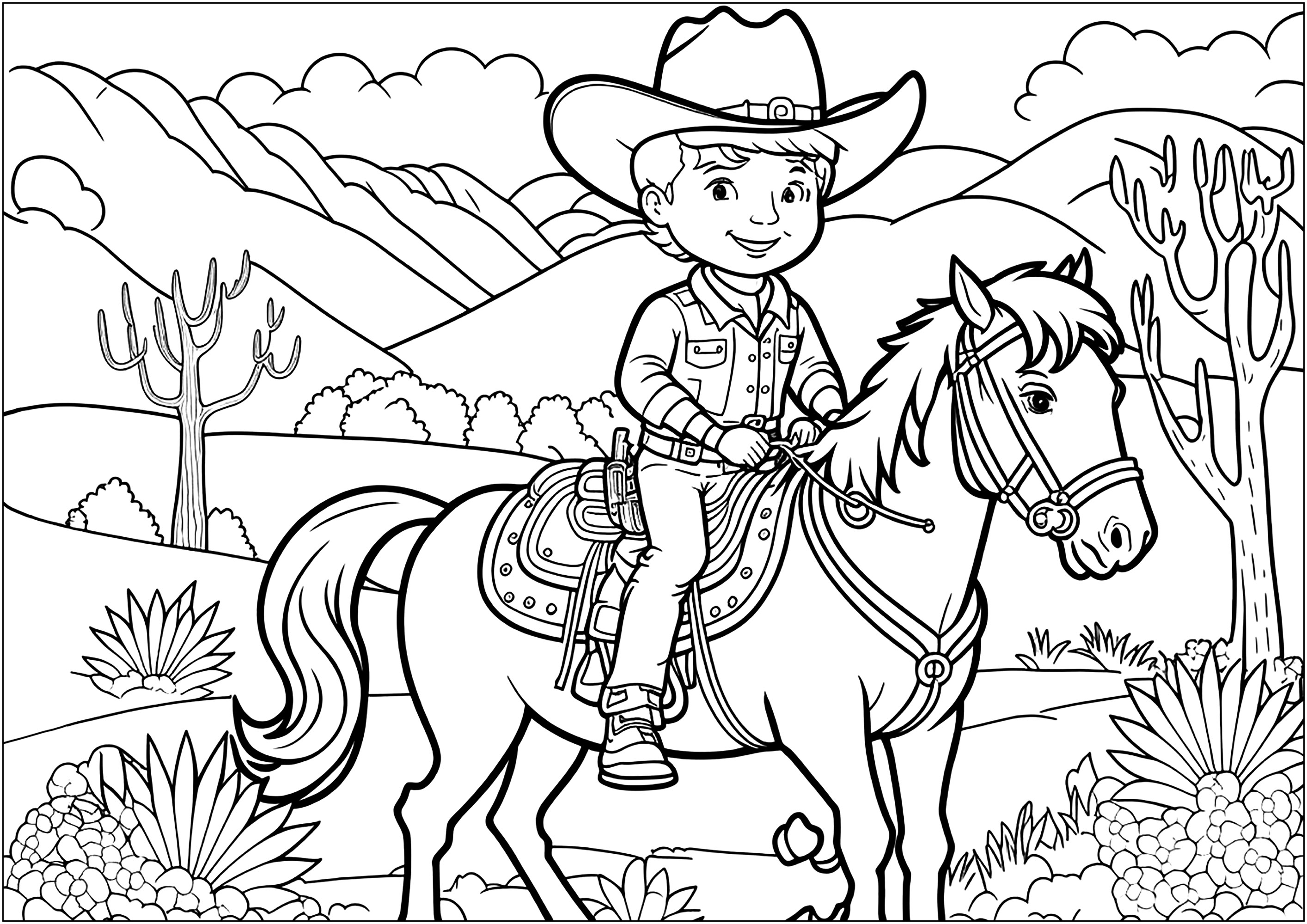 Um Cowboy orgulhoso no seu cavalo, numa paisagem parecida com a dos westerns