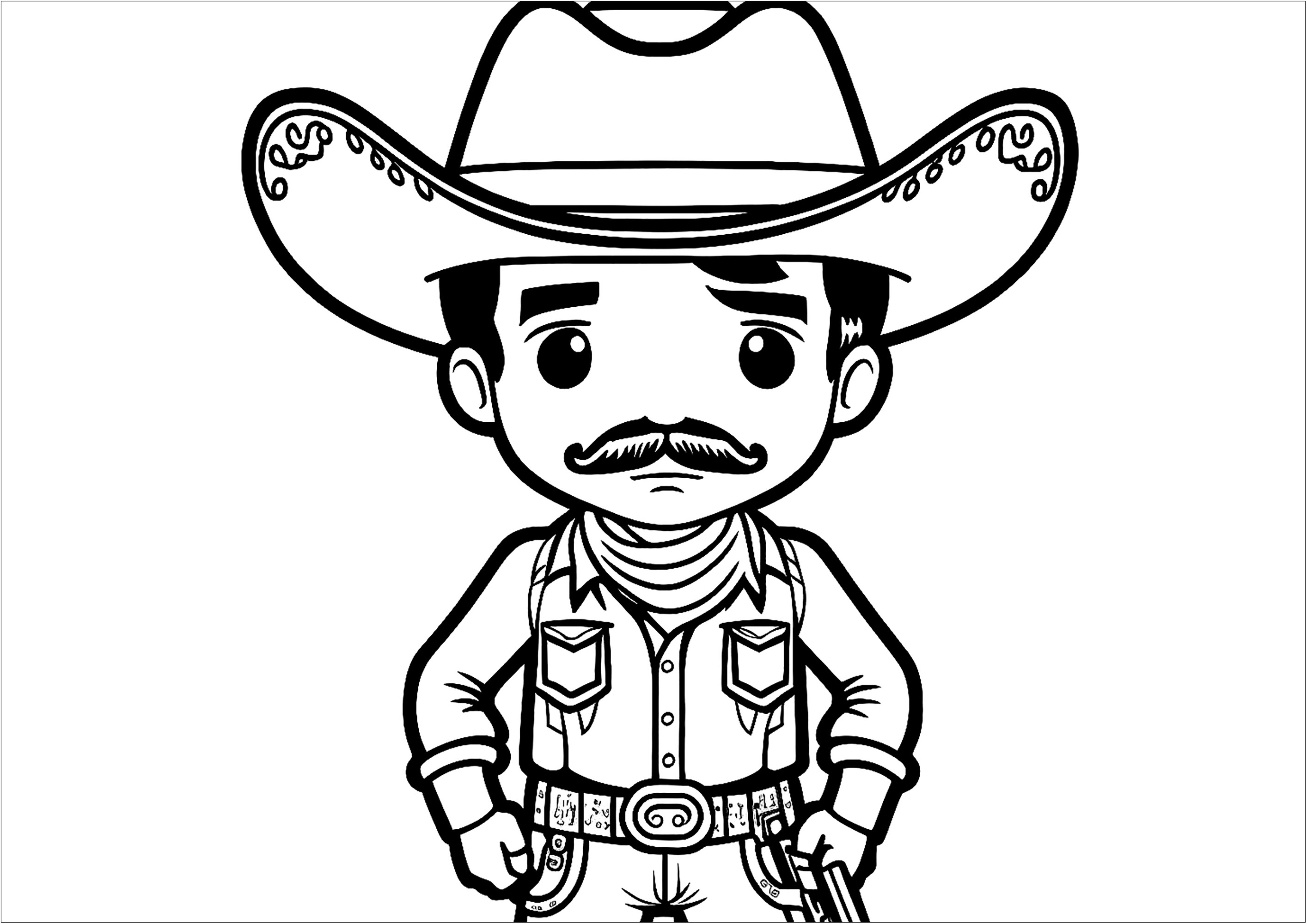 Um cowboy com bigode desenhado em estilo Kawaii. Esta página de coloração é perfeita para crianças que gostam do estilo Kawaii e que são fãs dos cowboys! Representa um cowboy sorridente e feliz com um bigode, usando um chapéu, uma camisa e jeans.As crianças vão adorar colorir com este bigode de cowboy, que provavelmente lhes lembrará o seu próprio pai ou avô!