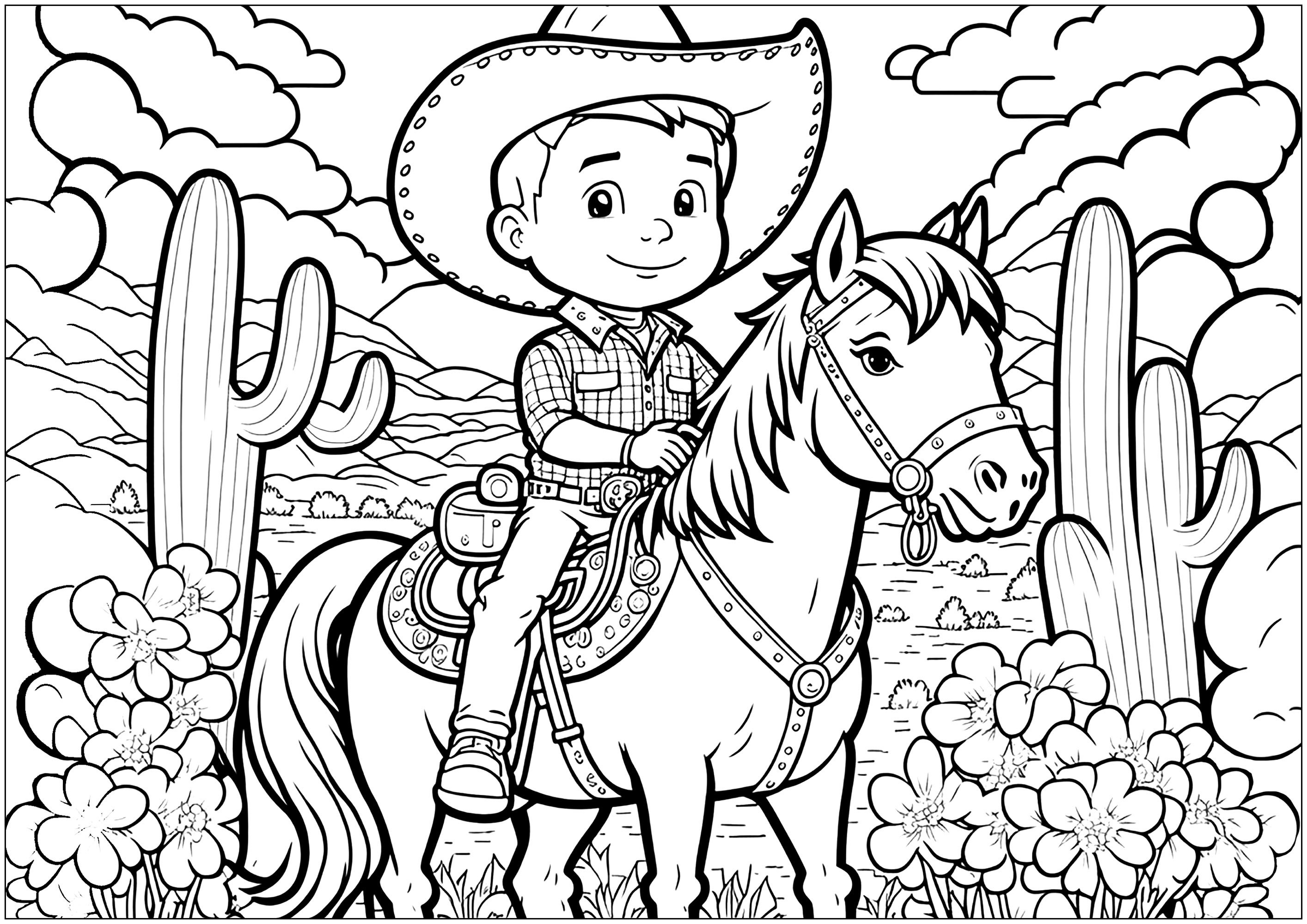 Um jovem cowboy a cavalo, com um fundo rico (montanhas, cactos, nuvens, etc.).