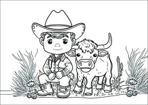 Página de para colorir e imprimir para crianças : O pequeno Cowboy e a sua linda vaca