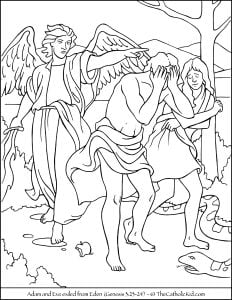 O exílio de Adão e Eva do Éden (Página de Cristandade para colorir para crianças)