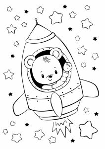 Urso pequeno num foguetão, pronto para explorar o espaço