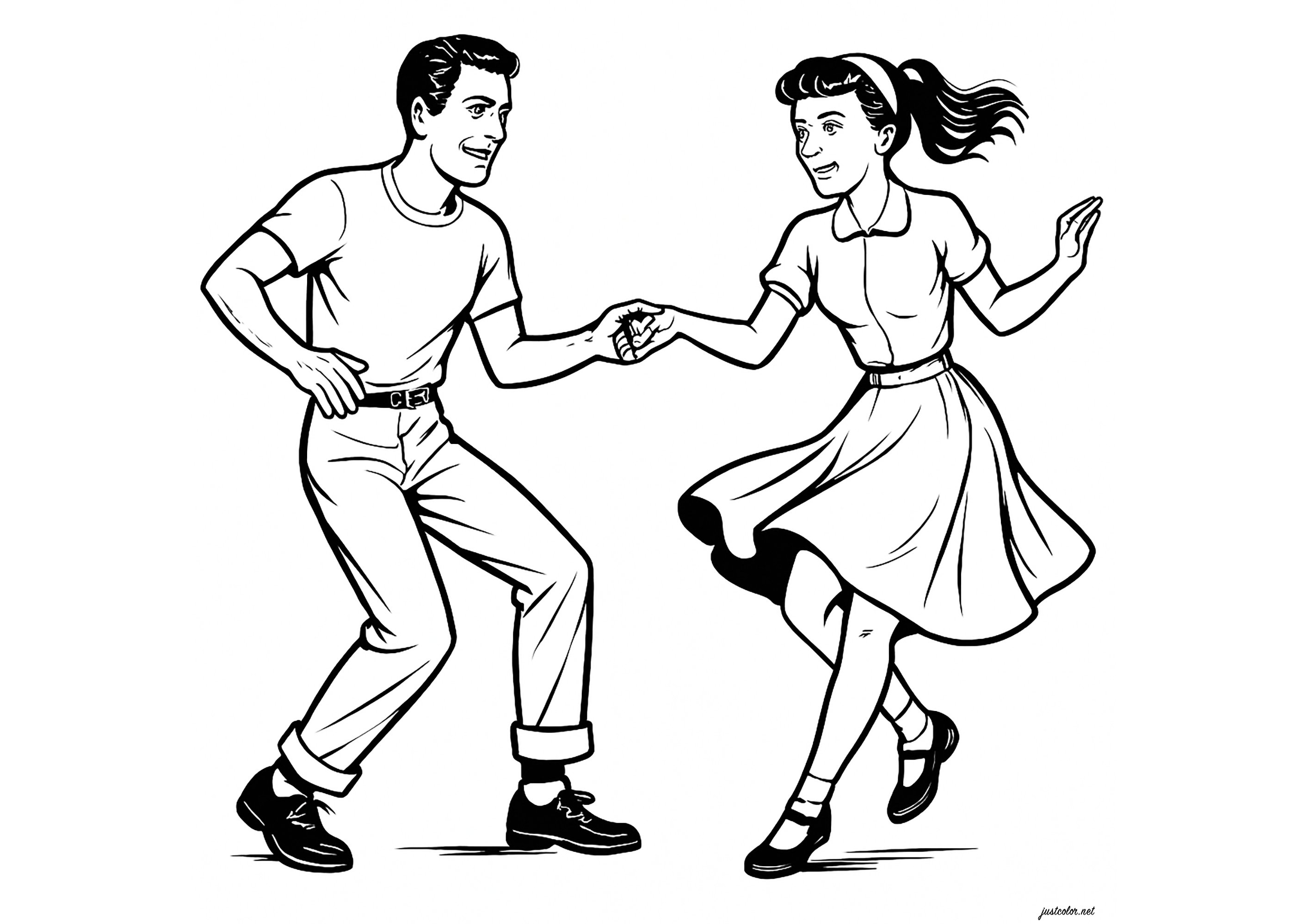 Casal a dançar Rock 'n Roll (Página de Dança para colorir e imprimir para crianças)