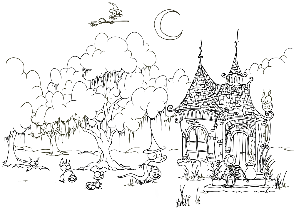 Desenho do dia das Bruxas com a mansão assombrada