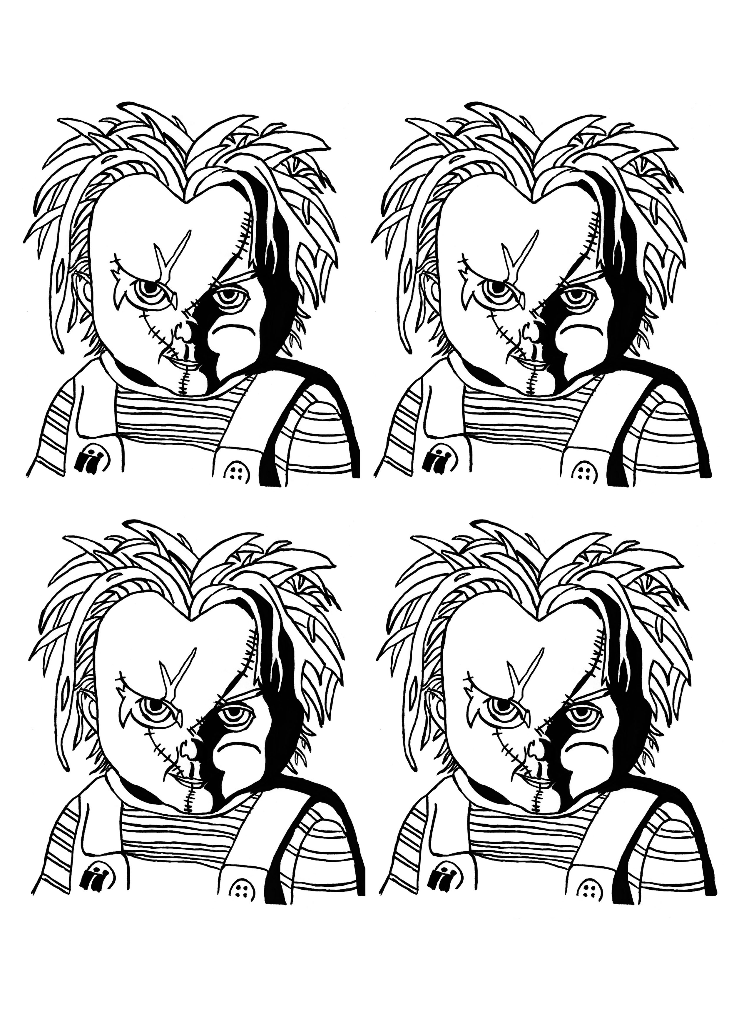Retrato ao estilo de Andy Warhol do assustador boneco Chucky, para colorir no Dia das Bruxas