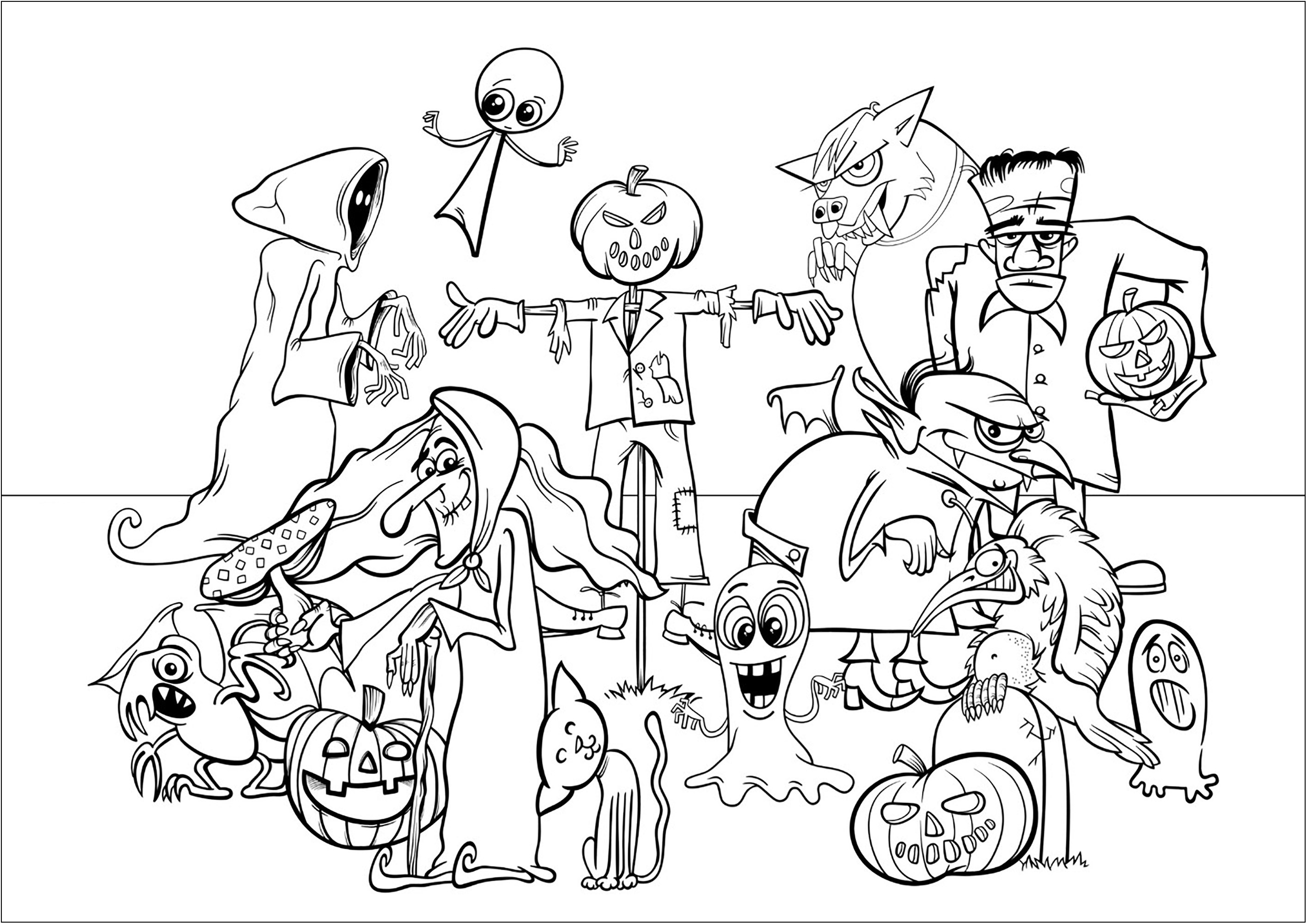 Várias personagens do d'dia das Bruxas para colorir. Esta página para colorir apresenta uma bruxa, uma criatura de Frankenstein, um lobisomem, um zombie e um homem com cabeça de abóbora!, Fonte : 123rf   Artista : Izakowski