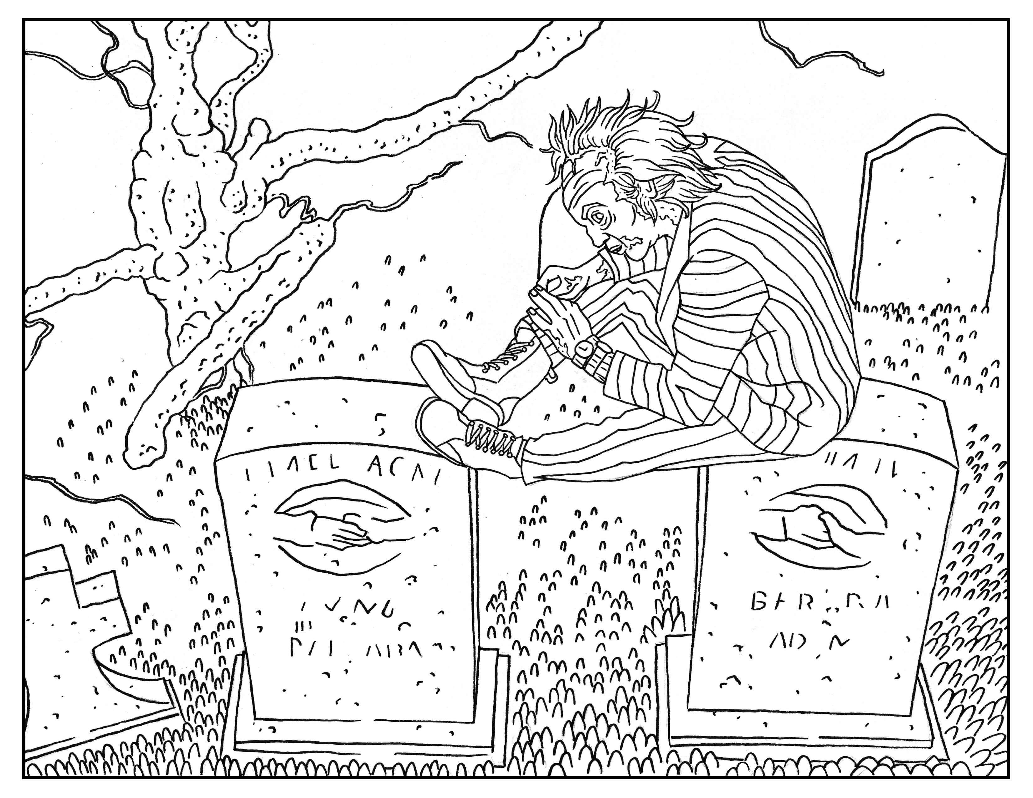 Página para colorir simples dia das Bruxas para crianças, com o Beetlejuice num cemitério