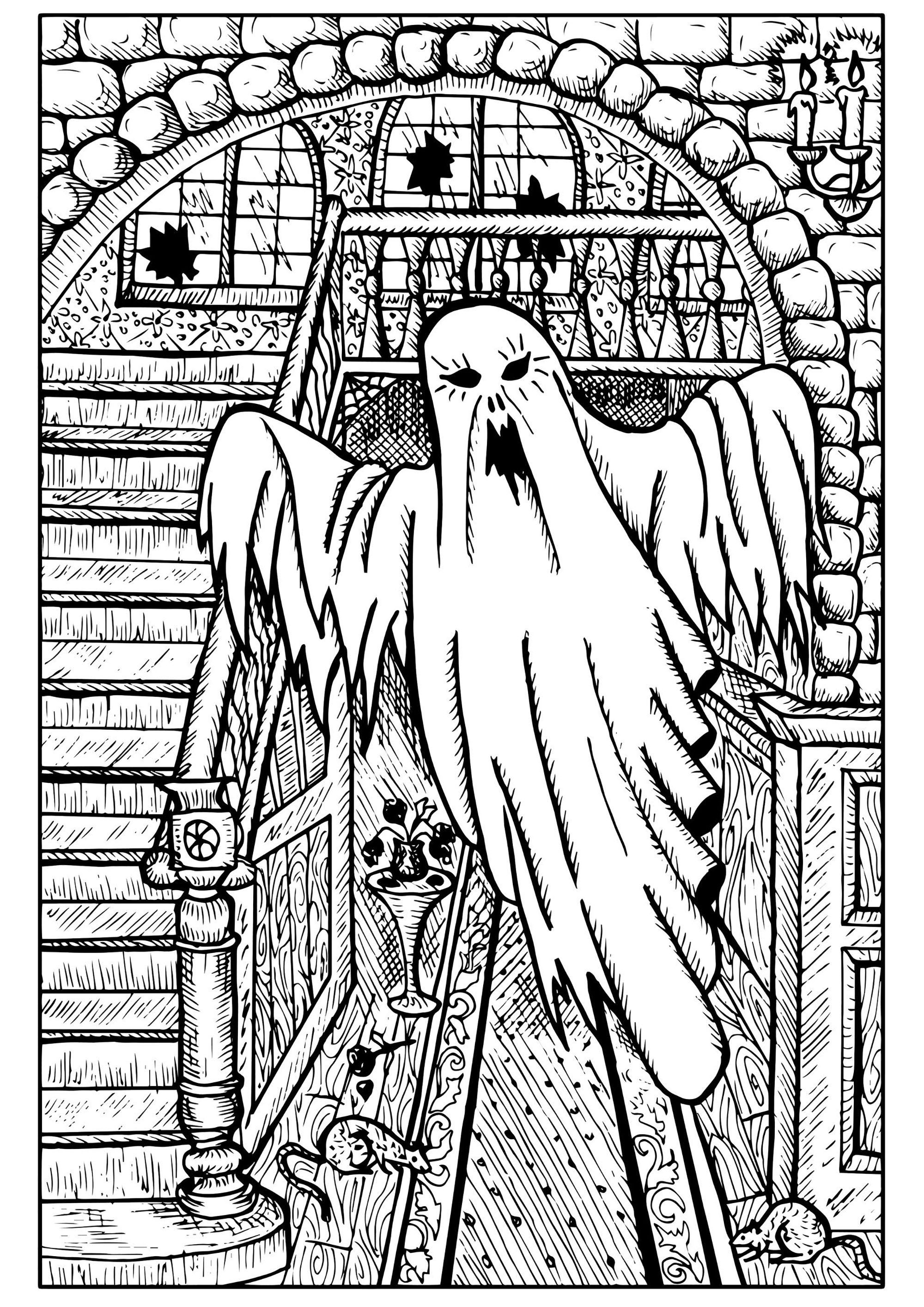 Página para colorir do Dia das Bruxas, imprimível e colorível. Um fantasma assustador, na casa que assombra há séculos...