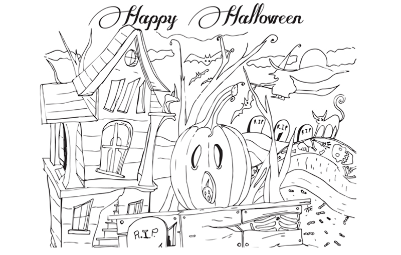 Página para colorir Dia das Bruxas com destaque para as abóboras