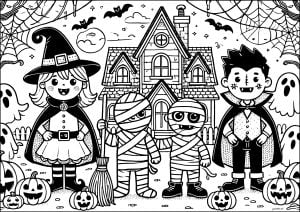 Página de para colorir e imprimir para crianças : Bruxas, vampiros e múmias