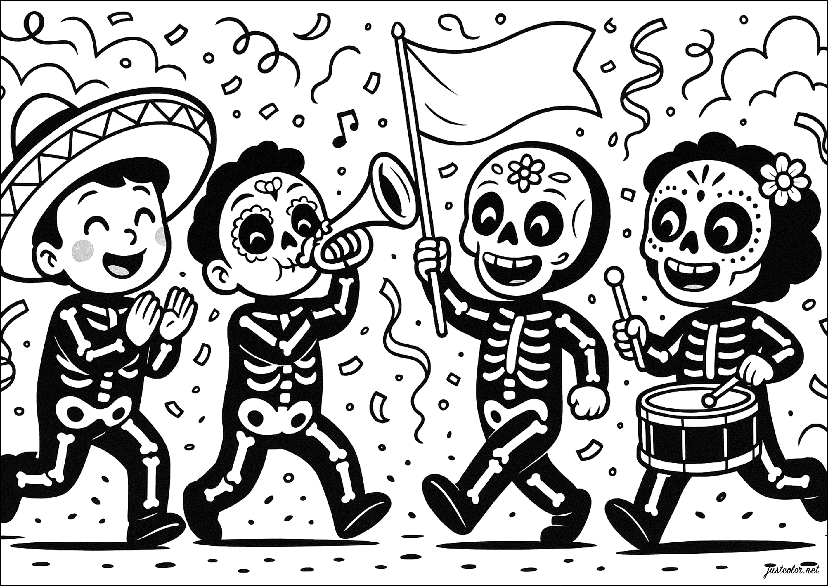 Uma festa alegre com crianças vestidas de esqueleto (Página de Dia De Los Muertos (dia Dos Mortos) para colorir e imprimir para crianças)