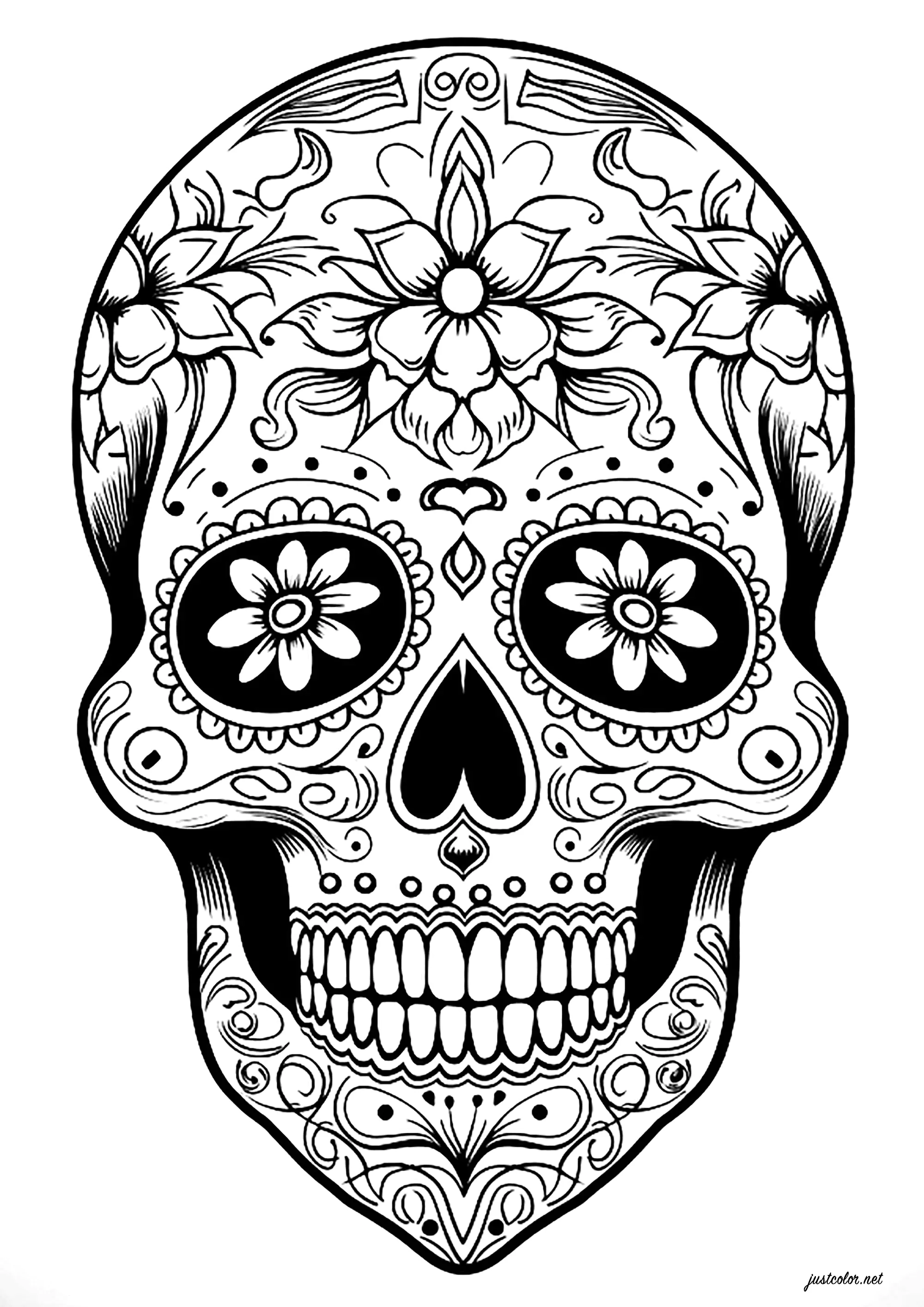Dia dos Mortos Crâne - motivos florais simples (Página de Dia De Los Muertos (dia Dos Mortos) para colorir e imprimir para crianças)