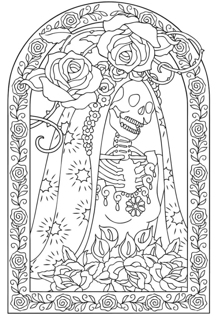 Esqueleto de vestido rodeado de flores, numa bonita moldura (Página de Dia De Los Muertos (dia Dos Mortos) para colorir e imprimir para crianças)