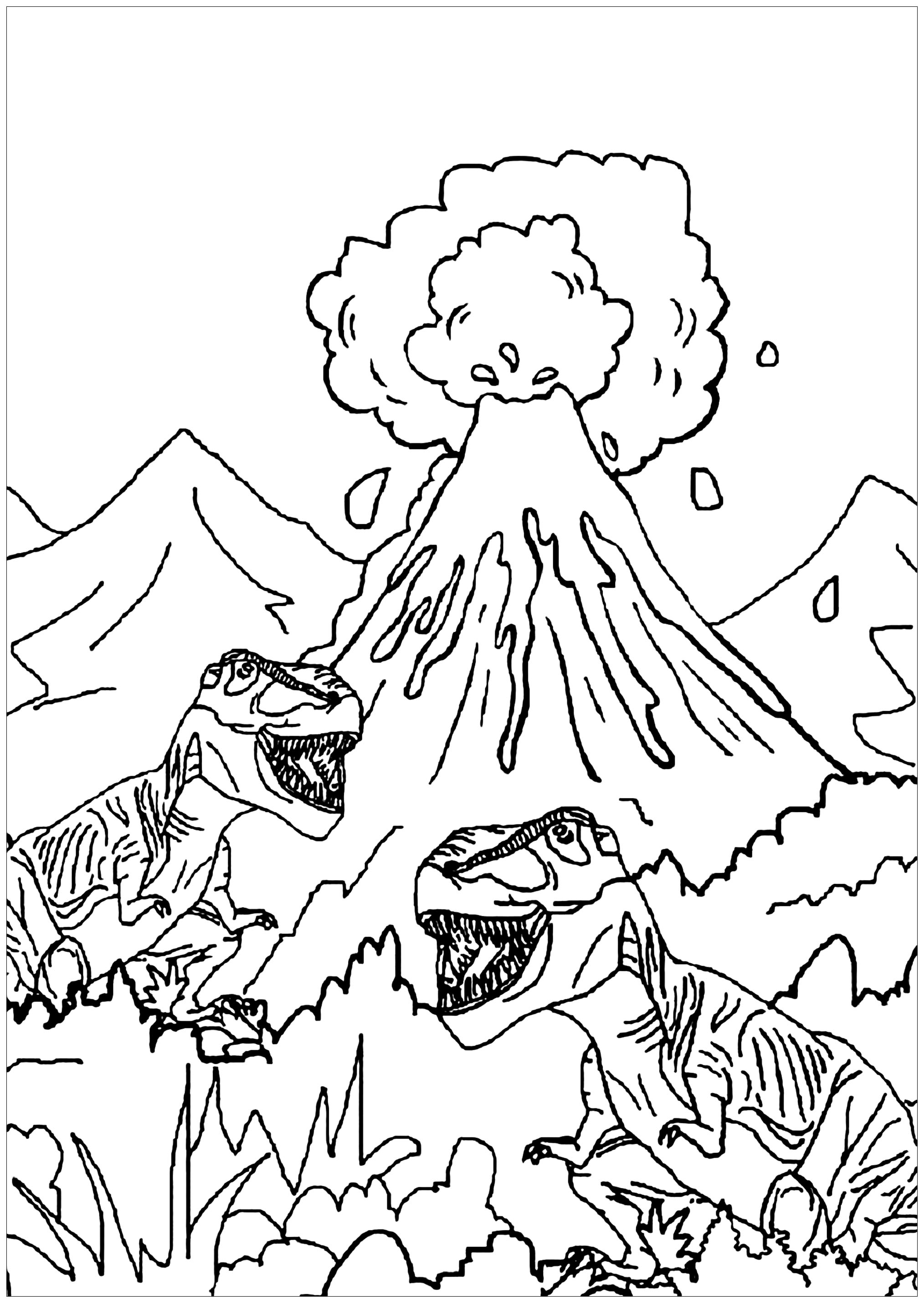 Estes dois tiranossauros andam à volta de um vulcão