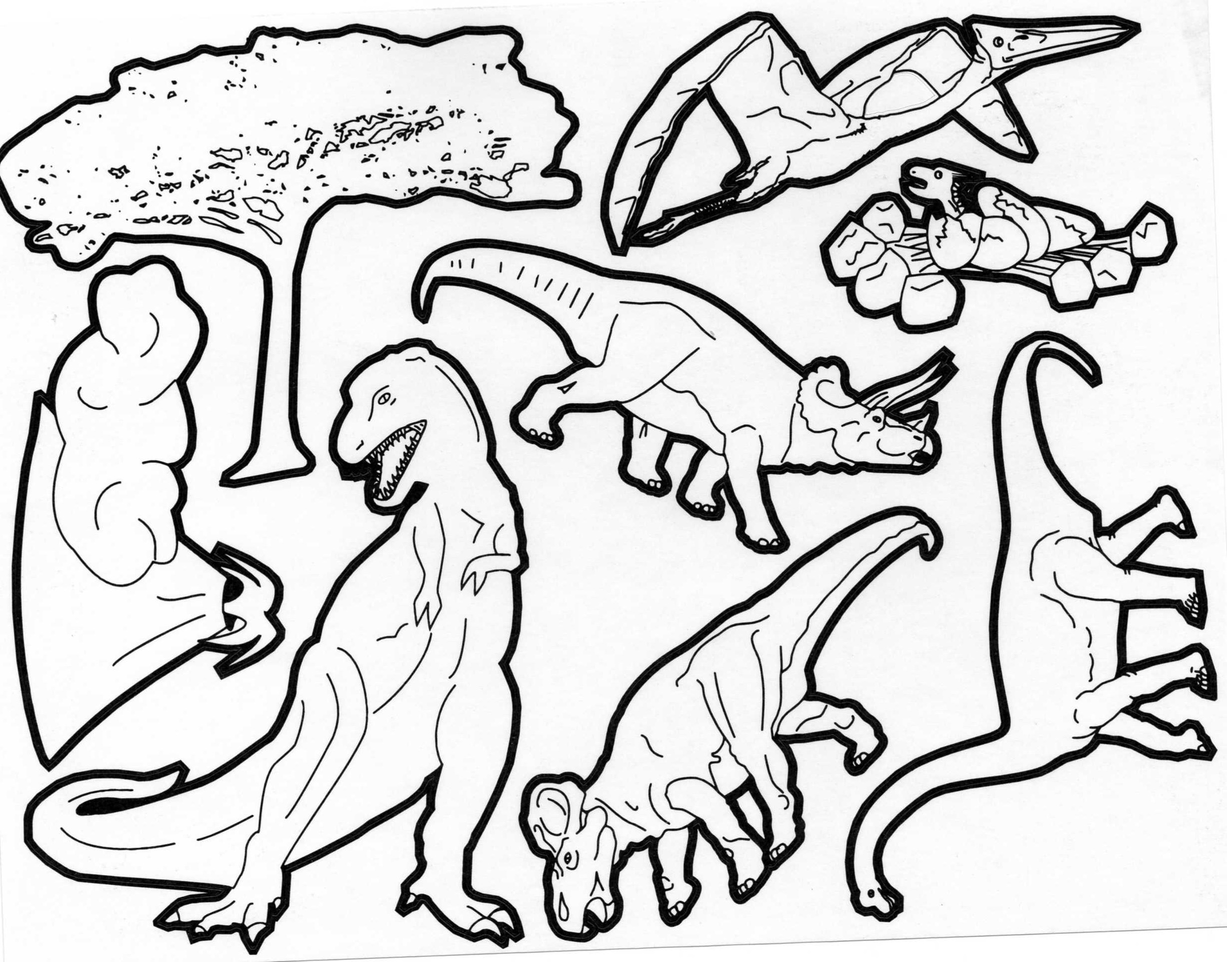 Várias raças de dinos a colorir: velociraptores, T Rex, Braquiossauros, etc...
