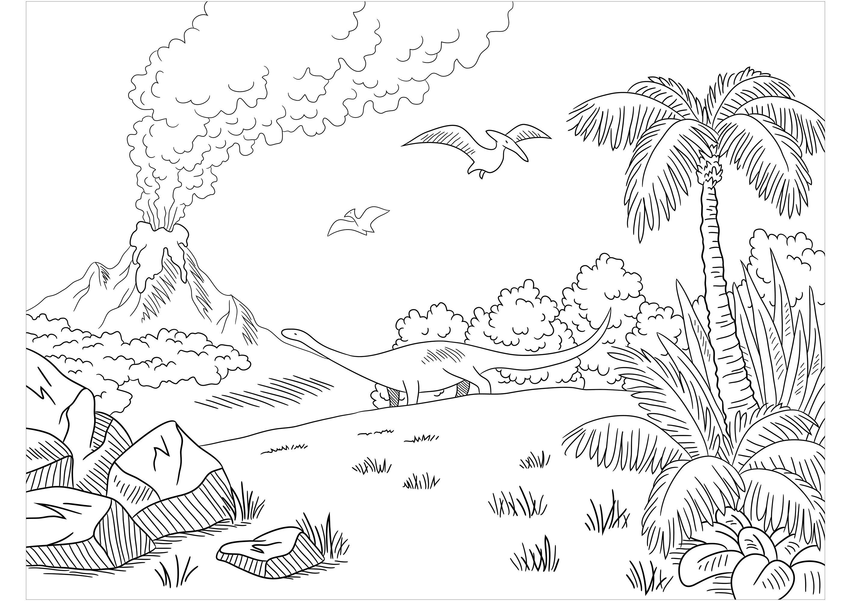 Diplodocus e Velociraptor, fugindo de um vulcão em erupção
