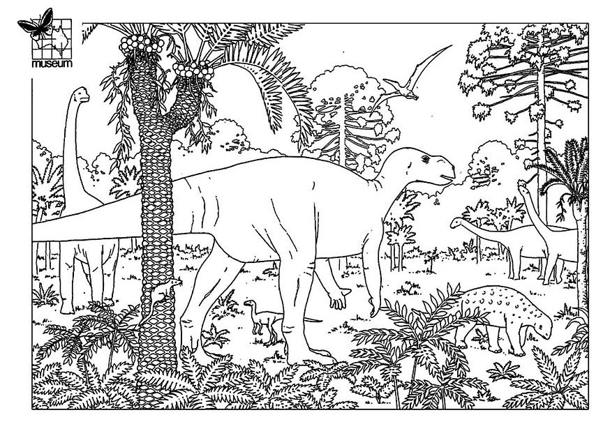 Um dinossauro bonito numa bela paisagem jurássica para colorir em